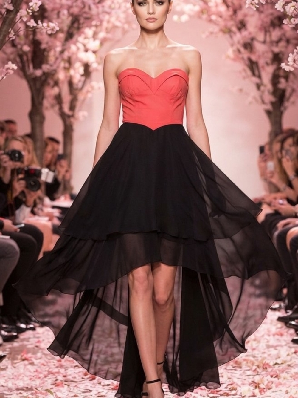 Stellah Coral and Black Strapless High-Low Dress